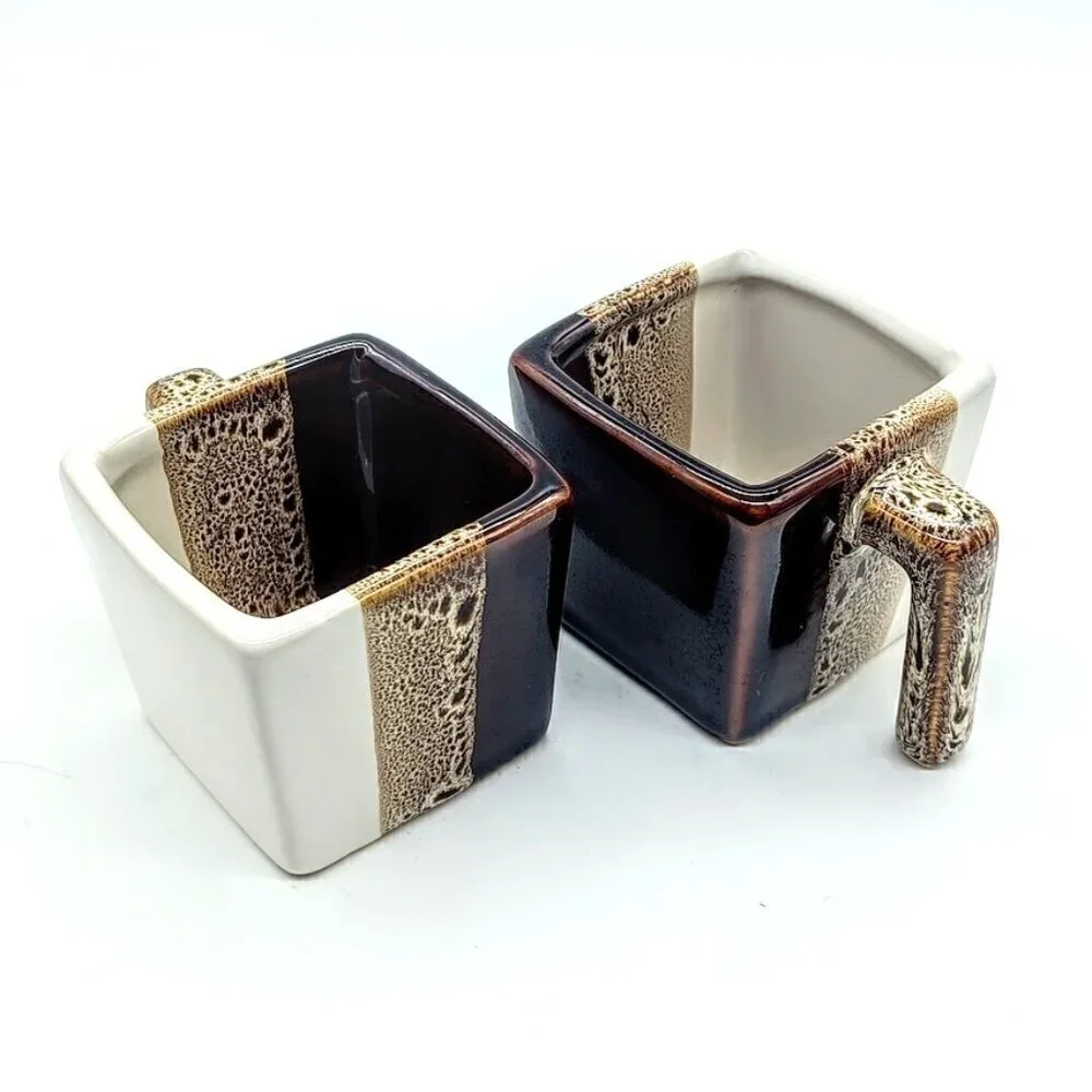 Hand-Painted Pier 1 Tri-Color Square Stoneware Mugs (2)